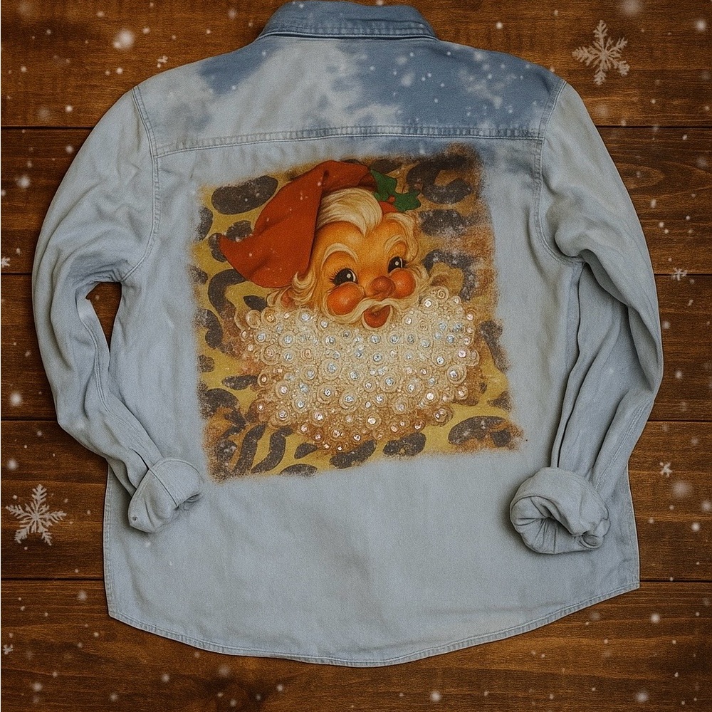 Port and Company Light Blue Button Down Shirt with Santa Design